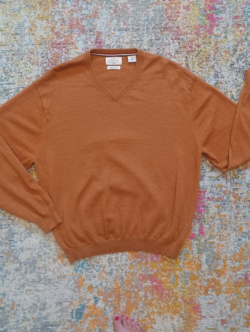 100 % Merino Wool Weatherproof Men's V-Neck Sweater in Rust Quiet Luxery Sz XXL